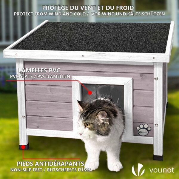 VOUNOT Katzenhaus aus Holz, Katzen Haus Katzenhütte für Draussen Outdoor, Grau – Bild 5