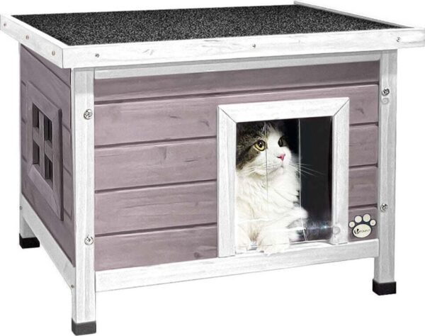 VOUNOT Katzenhaus aus Holz, Katzen Haus Katzenhütte für Draussen Outdoor, Grau
